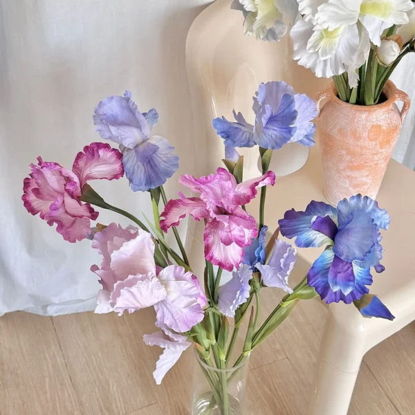 31.5 Inch Artificial Iris Flower Faux Floral Oil Painting Style for Home Hotel Décor Soft Decoration Photography Prop - Image 3