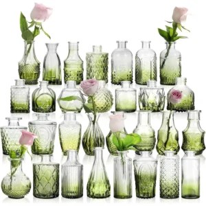 Set of 30 Green Glass Bud Vase in BulkSmall Vintage Bud Vase for Centerpieces,Rustic Wedding Decorations,Home Table Flower Décor